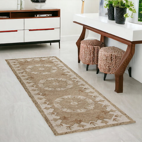 2' X 4' Tan and Beige Wool Medallion Hand Woven Half Circle Area Rug